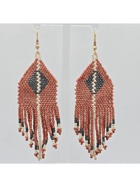 Ink + Alloy Handmade Brown Grey Beaded Fringe Designer Earrings 3.5''